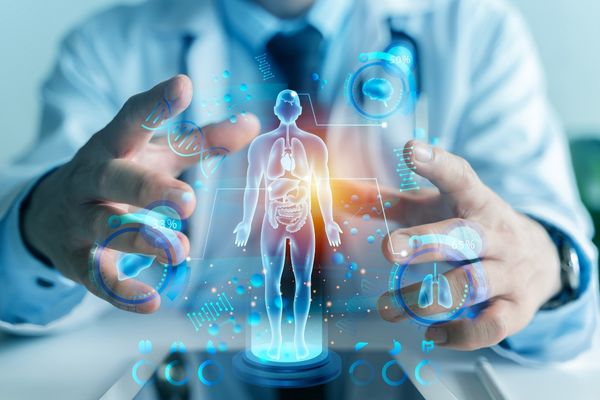 doctor using artificial intelligence to look at digital human body