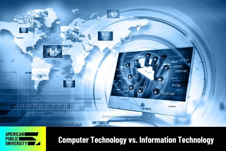 computer-technology-vs-information-technology computer technology icons with image of continents and computer