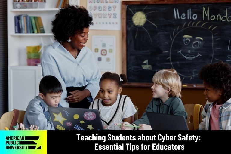 teacher discussing cyber safety with students