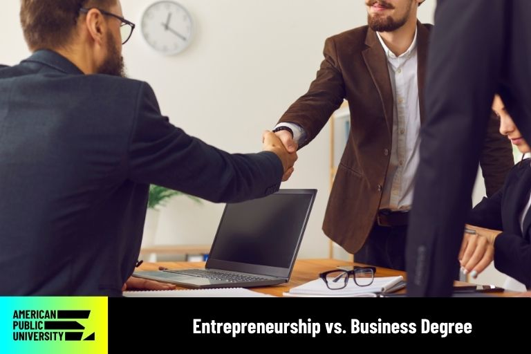entreprenurship and business degree students shaking hands