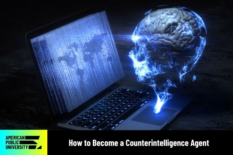 counterintelligence depicted by holographic figure looking at laptop