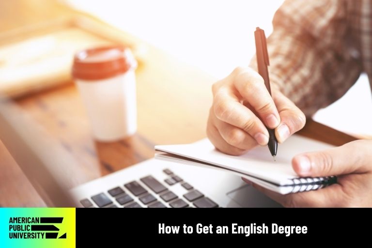 how-to-get-an-english-degree English degree student writing in notebook