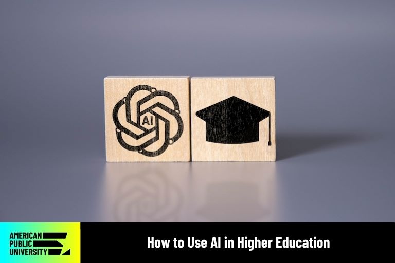 how-to-use-ai-in-higher-ed AI icon and graduation cap on wooden blocks