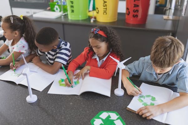 humane education students drawing at table