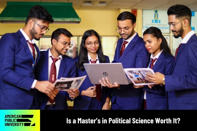 master's in political science students looking at laptop