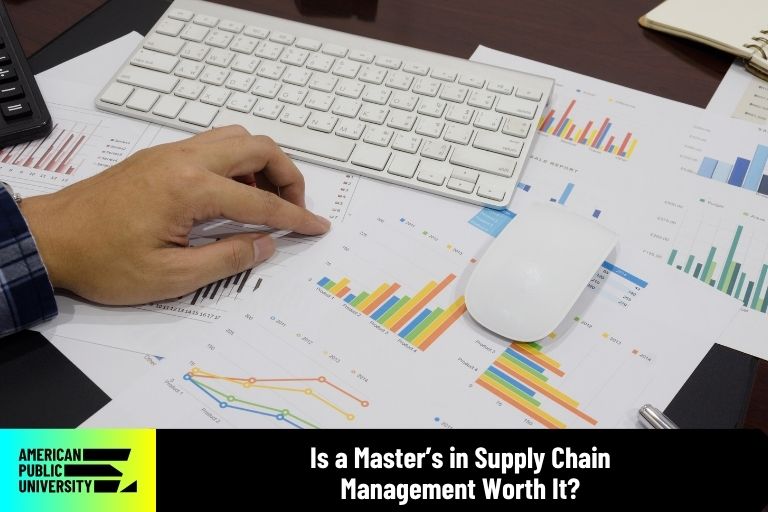 is-a-masters-in-supply-chain-management-worth-it supply chain management professional looking at data