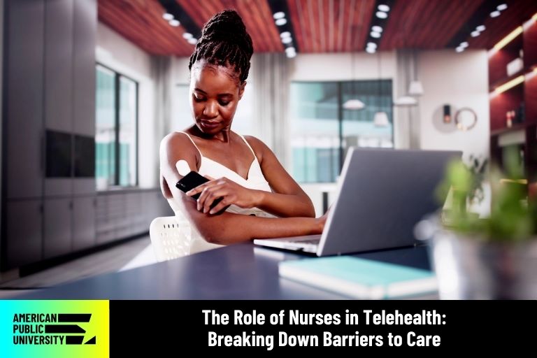 role-of-nurses-in-telehealth female scanning diabetic arm monitor with phone