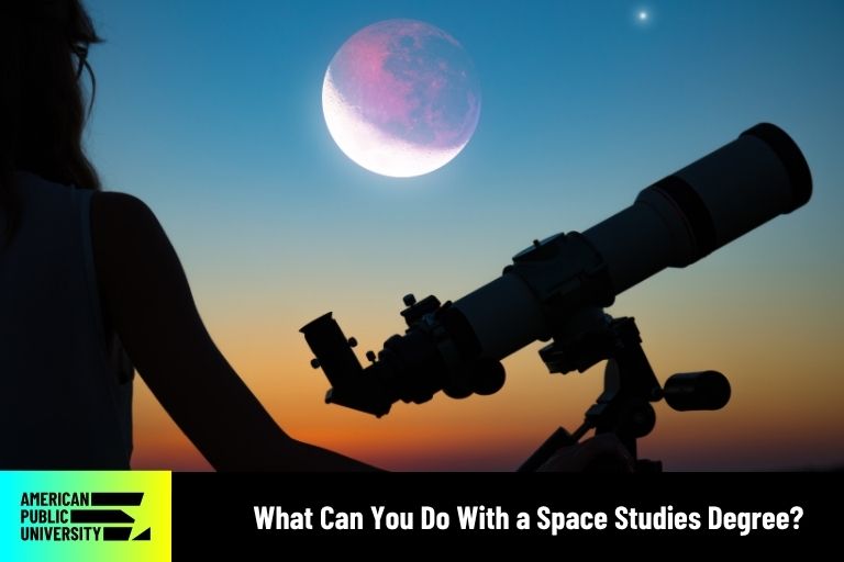 space studies degree student observing moon through telescope
