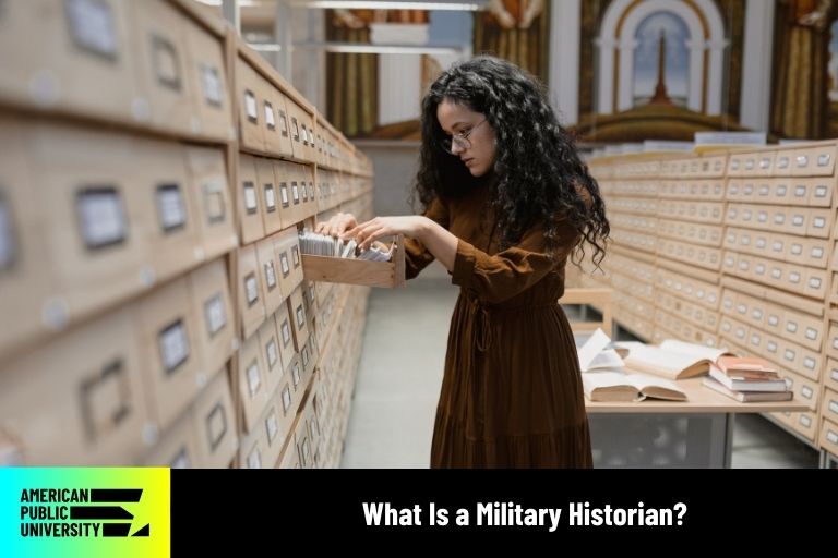 what-is-a-military-historian military historian looking in library card catalog