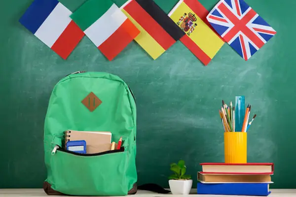bookbag and international flags